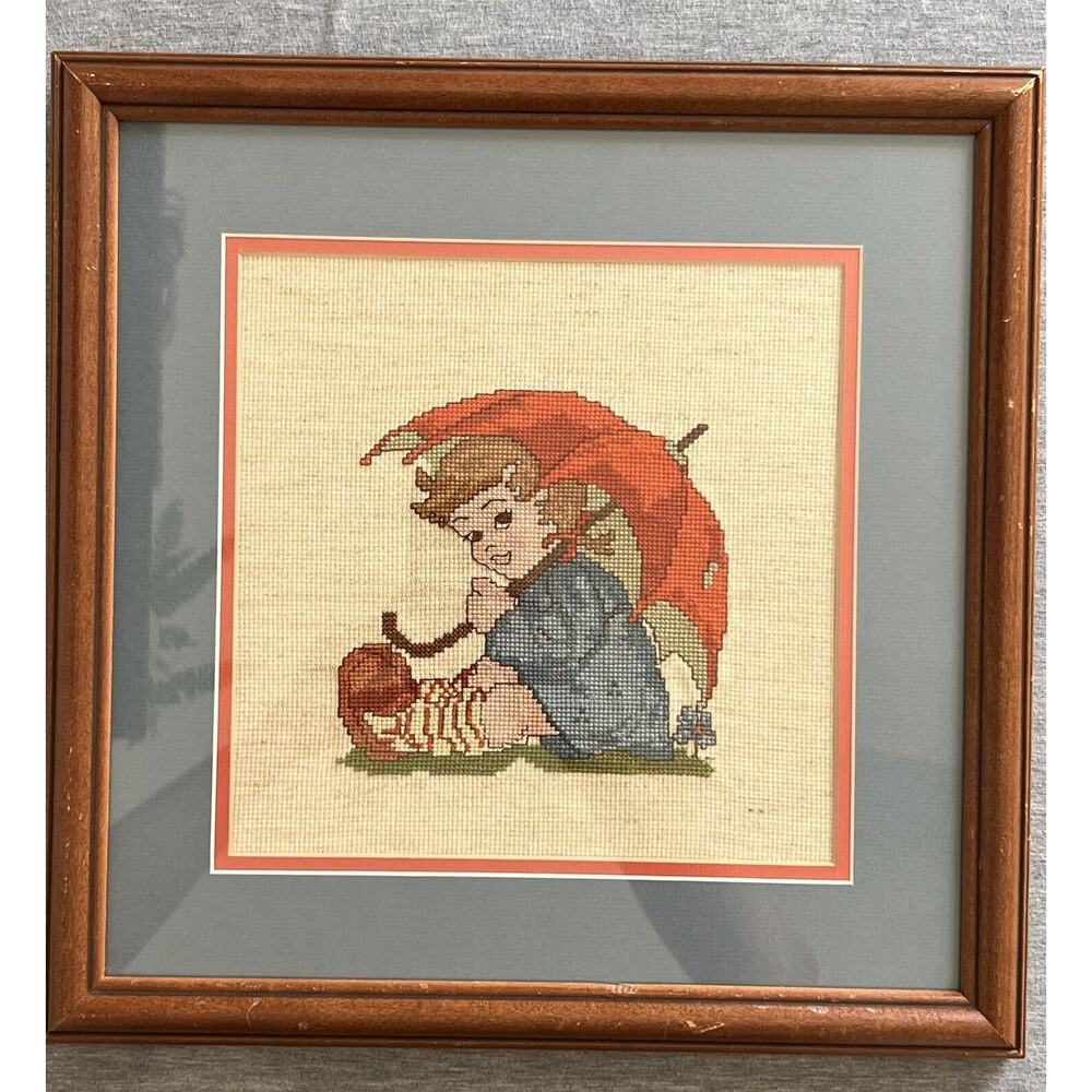 Completed Hummel Counted Cross Stitch Framed Picture Double Matted glass 14x14